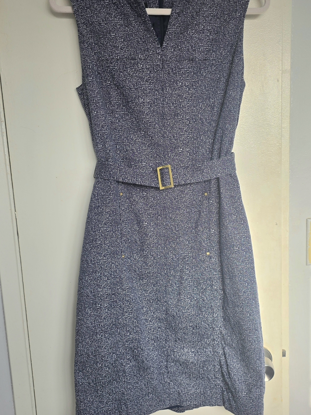 Jonea New York Navy Textured Sheath Dress with Gold Buckle